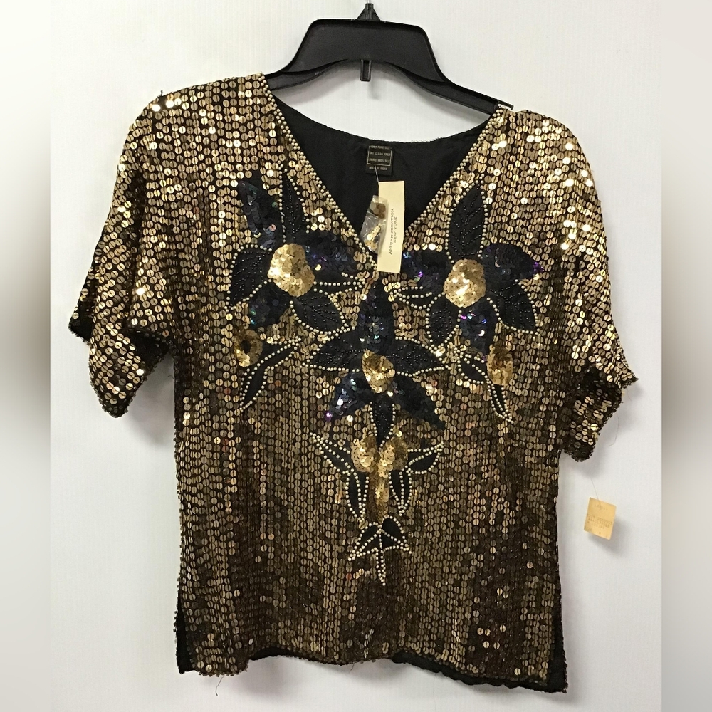 Anujan Creation Silk Gold and Black Sequined Top Medium